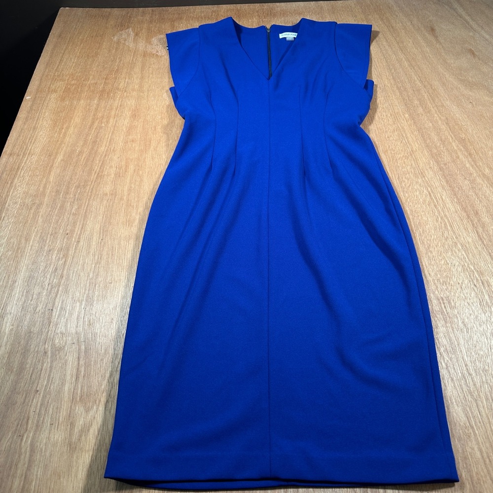Calvin Klein Sheath Dress Women 8 Royal Blue V-Neck Cap Sleeve Workwear Midi